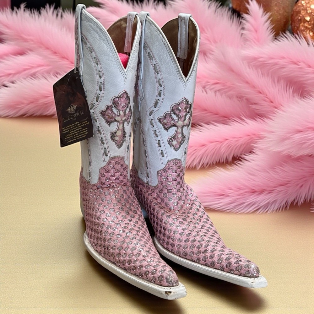 🔥El General🩷 Cowboy Boot‎ Sugar Pink💎  Cross Leather Western Festival Bling 6